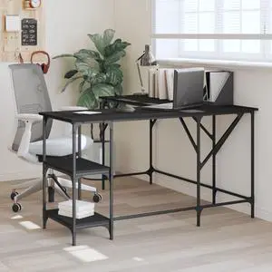 vidaXL Desk Storage L-shape Computer Table with Shelves Black Engineered Wood