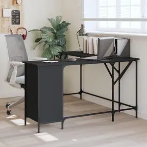 vidaXL Desk Storage L-shape Computer Table with Shelves Black Engineered Wood