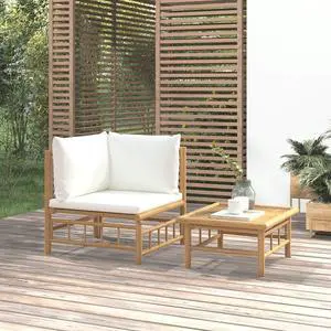 vidaXL Patio Furniture Set 2 Piece Lounge Set with Cream White Cushions Bamboo vidaXL Patio Furniture Set 2 Piece Lounge Set with Cream White Cushions Bamboo