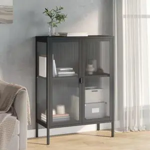 vidaXL Sideboard Black Powder-coated steel, fluted glass Medium