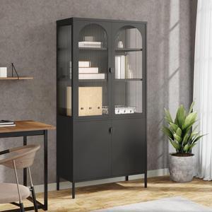 vidaXL Highboard Black Powder-coated steel, fluted glass Large Highboard