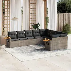 vidaXL Garden Sofa Set Grey PE rattan 9 Piece Set Adjustable Armrests