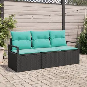 vidaXL 3 Piece Garden Sofa Set with Cushions Black Poly Rattan