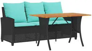 vidaXL Patio Sofa 3-Seater with Cushions&Table Black Poly Rattan garden sofa