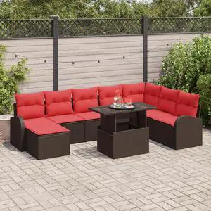 vidaXL Garden Sofa Set with Cushion 9 pcs Brown and red