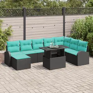 vidaXL Garden Sofa Set with Cushion 9 pcs Black and blue