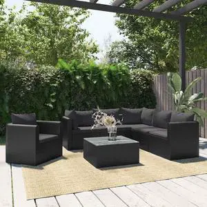 vidaXL Patio Sofa 7 Piece Outdoor Sectional Sofa with Cushions PE Rattan Black