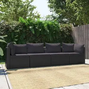 vidaXL Patio Sofa 4 Piece Outdoor Sectional Sofa with Cushions PE Rattan Black