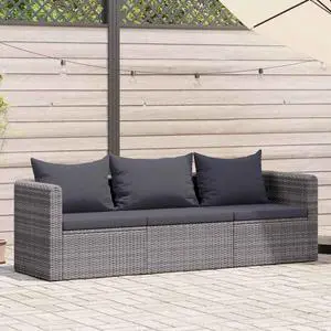 vidaXL 3 Seater Sofa Couch with Cushions Patio Wicker Love Seat PE Rattan Gray