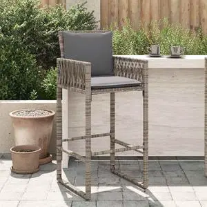 vidaXL Patio Bar Stools with Cushions Outdoor Furniture 2 Pcs Gray Poly Rattan