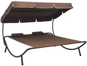 vidaXL Outdoor Double Chaise Lounge Outdoor Daybed with Canopy and Pillows Brown