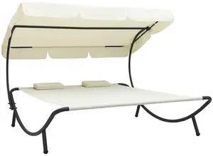 vidaXL Outdoor Double Chaise Lounge Daybed with Canopy and Pillows Cream White