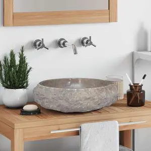 vidaXL Bathroom Basin, Vessel Sink, Countertop Vanity Sink, Handmade, Naturally Varied Shape and Color Tone, Easy Assembly, Gray Ø15.7x4.7 Marble Round