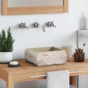 vidaXL Bathroom Basin, Vessel Sink, Countertop Vanity Sink, Handmade, Naturally Varied Shape and Color Tone, Easy Assembly, Cream 11.8"x11.8"x5.1" Marble Square