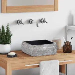 vidaXL Bathroom Basin, Vessel Sink, Countertop Vanity Sink, Handmade, Naturally Varied Shape and Color Tone, Easy Assembly, Black 11.8"x11.8"x5.1" Marble Square