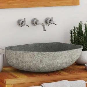 vidaXL Bathroom Basin, Vessel Sink, Countertop Vanity Sink, Naturally Varied Shape and Color Tone, Easy Assembly, (17.7"-20.9")x(13.4"-16.1")x4.5" River Stone