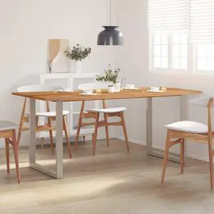 vidaXL Dining Table, Natural Edges Tabletop with Silver Power-Coated Steel Legs, Rustic Design Bistro Table for Dining Room, Kitchen, Solid Acacia Wood, 70.8''x35.4''x30''