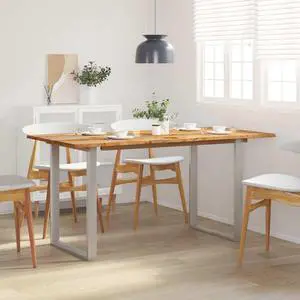 vidaXL Dining Table, Natural Edges Tabletop with Silver Power-Coated Steel Legs, Rustic Design Bistro Table for Dining Room, Kitchen, Solid Acacia Wood, 60.6''x31.4''x30''