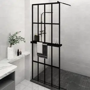 vidaXL Walk-in Shower Wall with Shelf Black 31.5"x76.8" ESG Glass&Aluminum