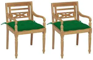 vidaXL 2x Solid Teak Wood Batavia Chair with Green Cushions Garden Seating