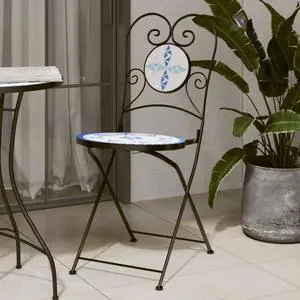 vidaXL Bistro Chair Set of 2 Blue and white Powder-coated iron, ceramic