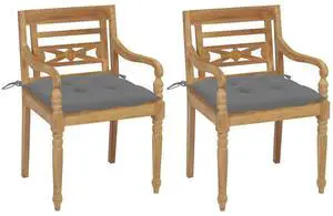 vidaXL 2x Solid Teak Wood Batavia Chair with Gray Cushions Garden Seating