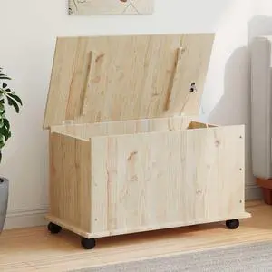 vidaXL Storage Chest with Wheels, Storage Trunk with Safety Hinge, Solid Pine Wood Storage Cabinet with Stable Flat Top for Living Room, Bedroom, ALTA Range, 28.7''x15.6''x17.3'', Natural Finish