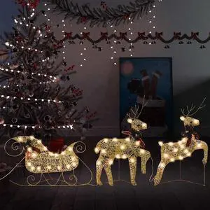 vidaXL Christmas Decoration Lighted Reindeer and Sleigh with 60 LEDs Gold