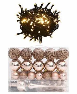 vidaXL Christmas Ball Set with Peak 61 Piece LED Tree Decoration Rose Gold