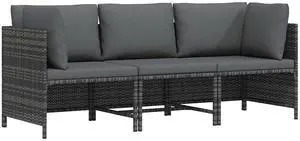 vidaXL 3-Seater Patio Sofa with Cushions Gray Poly Rattan