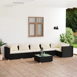 vidaXL Patio Lounge Set 7 Piece with Cushions Poly Rattan Black Garden Sofa vidaXL Patio Lounge Set 7 Piece with Cushions Poly Rattan Black Garden Sofa
