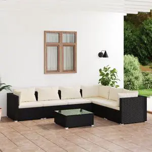 vidaXL Patio Lounge Set 7 Piece with Cushions Poly Rattan Black Garden Sofa vidaXL Patio Lounge Set 7 Piece with Cushions Poly Rattan Black Garden Sofa