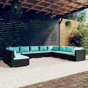 vidaXL Patio Lounge Set 10 Piece with Cushions Black Poly Rattan Garden Seat vidaXL Patio Lounge Set 10 Piece with Cushions Black Poly Rattan Garden Seat