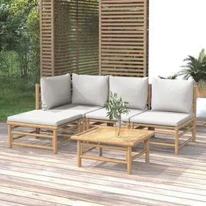 vidaXL Patio Furniture Set 5 Piece Lounge Set with Light Gray Cushions Bamboo vidaXL Patio Furniture Set 5 Piece Lounge Set with Light Gray Cushions Bamboo