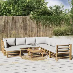 vidaXL Patio Furniture Set 9 Piece Lounge Set with Light Gray Cushions Bamboo vidaXL Patio Furniture Set 9 Piece Lounge Set with Light Gray Cushions Bamboo