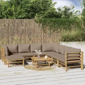 vidaXL Patio Furniture Set 9 Piece Sectional Sofa with Taupe Cushions Bamboo vidaXL Patio Furniture Set 9 Piece Sectional Sofa with Taupe Cushions Bamboo