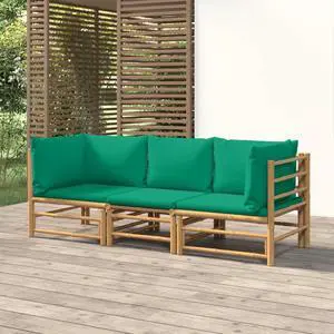 vidaXL Patio Furniture Set 3 Piece Sectional Sofa with Green Cushions Bamboo vidaXL Patio Furniture Set 3 Piece Sectional Sofa with Green Cushions Bamboo