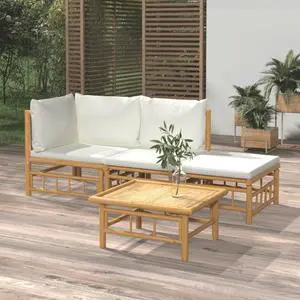 vidaXL Patio Furniture Set 4 Piece Lounge Set with Cream White Cushions Bamboo vidaXL Patio Furniture Set 4 Piece Lounge Set with Cream White Cushions Bamboo