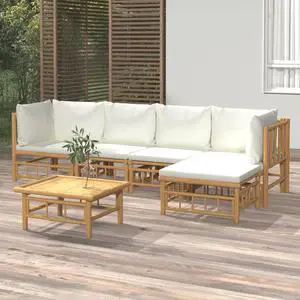 vidaXL Patio Furniture Set 6 Piece Lounge Set with Cream White Cushions Bamboo vidaXL Patio Furniture Set 6 Piece Lounge Set with Cream White Cushions Bamboo