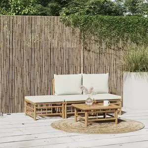 vidaXL Patio Furniture Set 4 Piece Lounge Set with Cream White Cushions Bamboo vidaXL Patio Furniture Set 4 Piece Lounge Set with Cream White Cushions Bamboo