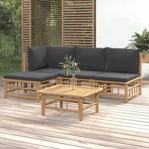 vidaXL Patio Furniture Set 5 Piece Sectional Sofa with Dark Gray Cushions Bamboo vidaXL Patio Furniture Set 5 Piece Sectional Sofa with Dark Gray Cushions Bamboo
