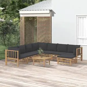 vidaXL Patio Furniture Set 9 Piece Sectional Sofa with Dark Gray Cushions Bamboo vidaXL Patio Furniture Set 9 Piece Sectional Sofa with Dark Gray Cushions Bamboo