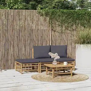 vidaXL Patio Furniture Set 4 Piece Sectional Sofa with Dark Gray Cushions Bamboo vidaXL Patio Furniture Set 4 Piece Sectional Sofa with Dark Gray Cushions Bamboo