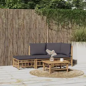 vidaXL Patio Furniture Set 3 Piece Sectional Sofa with Dark Gray Cushions Bamboo vidaXL Patio Furniture Set 3 Piece Sectional Sofa with Dark Gray Cushions Bamboo
