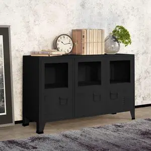 vidaXL Sideboard Industrial Storage Cabinet with Handle Black Metal and Glass vidaXL Sideboard Industrial Storage Cabinet with Handle Black Metal and Glass