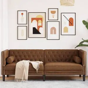 vidaXL Chesterfield Sofa with Bolsters Settee 3-Seater Brown Faux Suede Leather vidaXL Chesterfield Sofa with Bolsters Settee 3-Seater Brown Faux Suede Leather