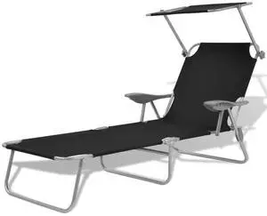 vidaXL Patio Lounge Chair Outdoor Chaise Lounge Sunbed with Canopy Steel Black vidaXL Patio Lounge Chair Outdoor Chaise Lounge Sunbed with Canopy Steel Black