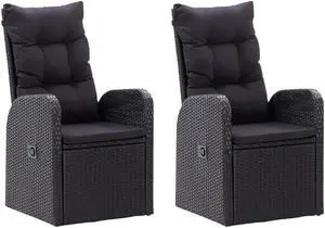 vidaXL 2x Reclining Patio Chairs with Cushions Poly Rattan Black Meal Seating