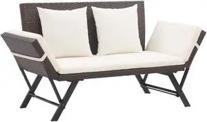 vidaXL Patio Bench with Adjustable Armrest and Cushions Brown Poly Rattan