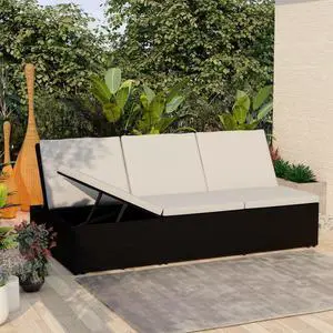 vidaXL Sunbed Patio Double Chaise Lounge Bed with Cushion Poly Rattan Black